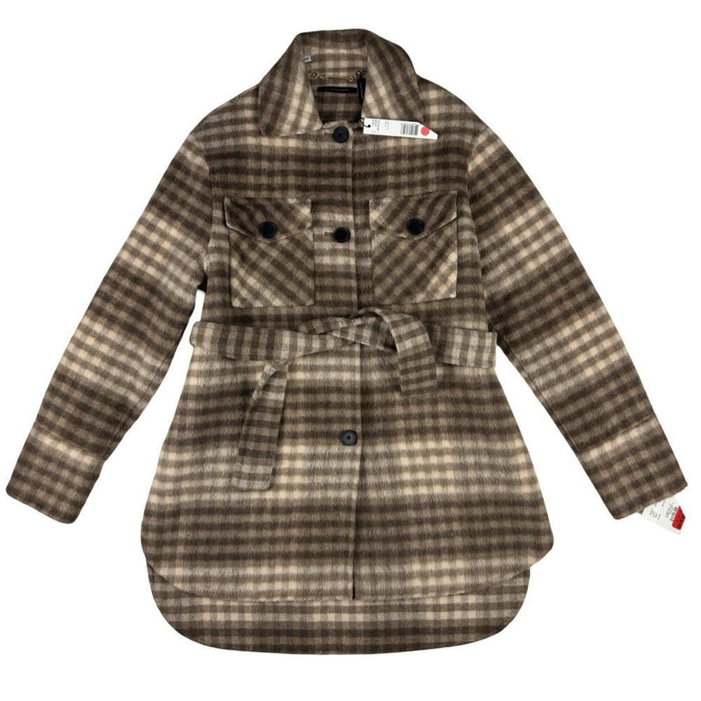 Elie Tahari Belted Plaid Wool Blend Jacket Brown Size XS/S
